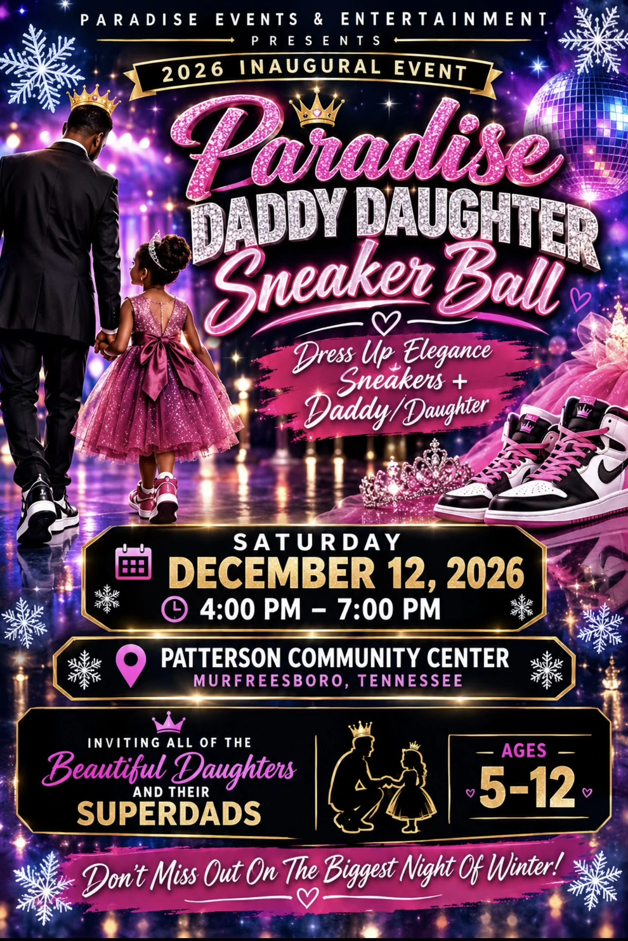 Paradise Daddy Daughter Sneaker Ball flyer: December 12, 2026, 4 to 7 PM, Patterson Community Center, Murfreesboro, Tennessee. Daughters ages 5 to 12.